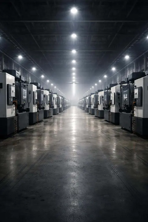 Wide industrial factory floor in a vertical 2:3 frame showing repeating machines receding toward a vanishing point, photographed with clean industrial lighting for poster use.