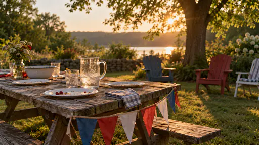 Faded red white and blue paper bunting droops over a weathered picnic table with paper plates, a pitcher and empty lawn chairs in low golden evening light in a film photograph.