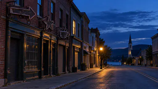 A low view along an empty small-town main street at dusk with a row of unlit neon sign shells in the shapes of an arrow, a star and a coffee cup on rusted brackets above shuttered brick shops, one warm streetlamp, a church spire and a harbour at the far end under a cobalt sky.