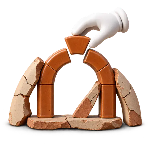 Failure is scaffolding: a small finished ceramic arch stands upright because broken half-arch prototypes brace its sides and a cracked slab supports its base, while a white cartoon glove lowers the final sound keystone into the crown. Unsuccessful attempts literally hold up the successful result.