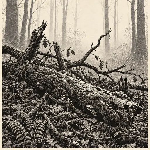Broken oak branches and a mossy log with small mushrooms and ferns lie on the forest floor before fog pale trunks in white line engraving.