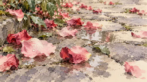 Fallen pink and crimson rose petals lie scattered across a grey stone path with a faint wet sheen after rain in soft ink dabs.