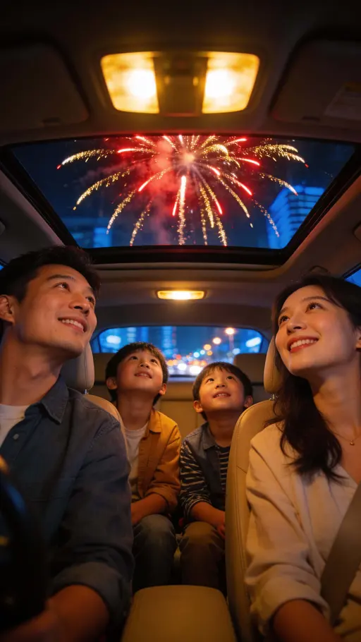 Vertical 9:16 portrait of a family inside a car at night, children watch fireworks through the sunroof as warm interior light contrasts cool blue city tones softly on their faces.