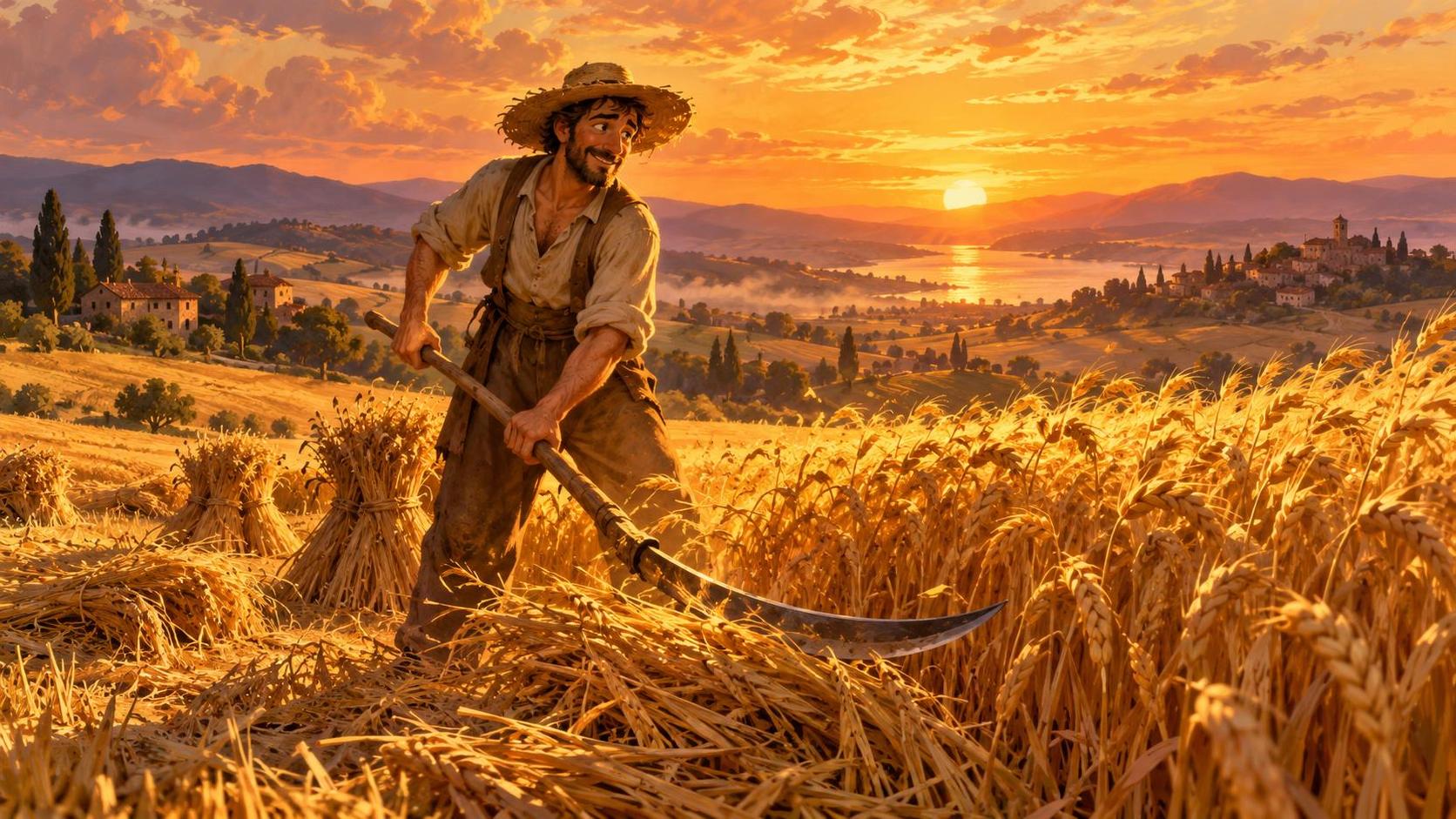 A farmer harvests crops with a scythe in a wide golden wheat field at sunset with waves of golden grain rippling around and long shadows under a warm orange sun.