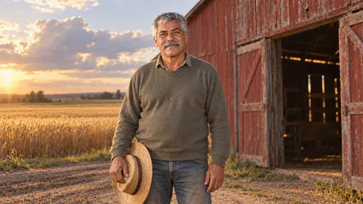 A weathered man with short silver-grey hair and a thick grey moustache in an olive-grey sweater stands on a dirt track holding a straw hat against his leg in front of a weathered red barn with open doors, a golden wheat field and large clouds behind.