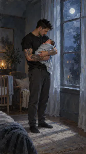 A young tattooed father stands by a moonlit window holding his swaddled newborn with his head bowed in love in a hushed room.