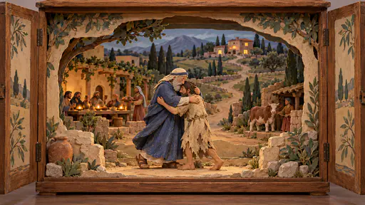 An open cabinet holds a paper stage where a father in an indigo robe embraces his travel worn son on a long road of layered planes toward a stone farmhouse with lit lamps and a long table behind.