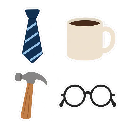 Four separate Father's Day stickers with white borders on a transparent background: a navy and light blue striped necktie, a plain cream coffee mug, a claw hammer with a wooden handle and a pair of round black glasses.