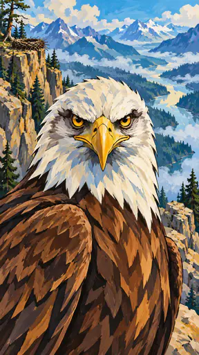 A bald eagle with piercing yellow eyes watches from its cliffside aerie with brown and white feathers ruffled by wind above a vast misty valley.