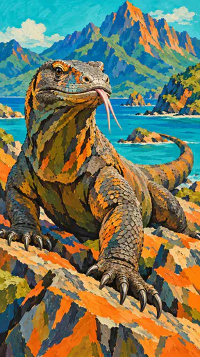 A komodo dragon basks on a rocky shore with a scenic mountain backdrop and calm blue water with scaly grey brown skin and a forked tongue tasting the air.