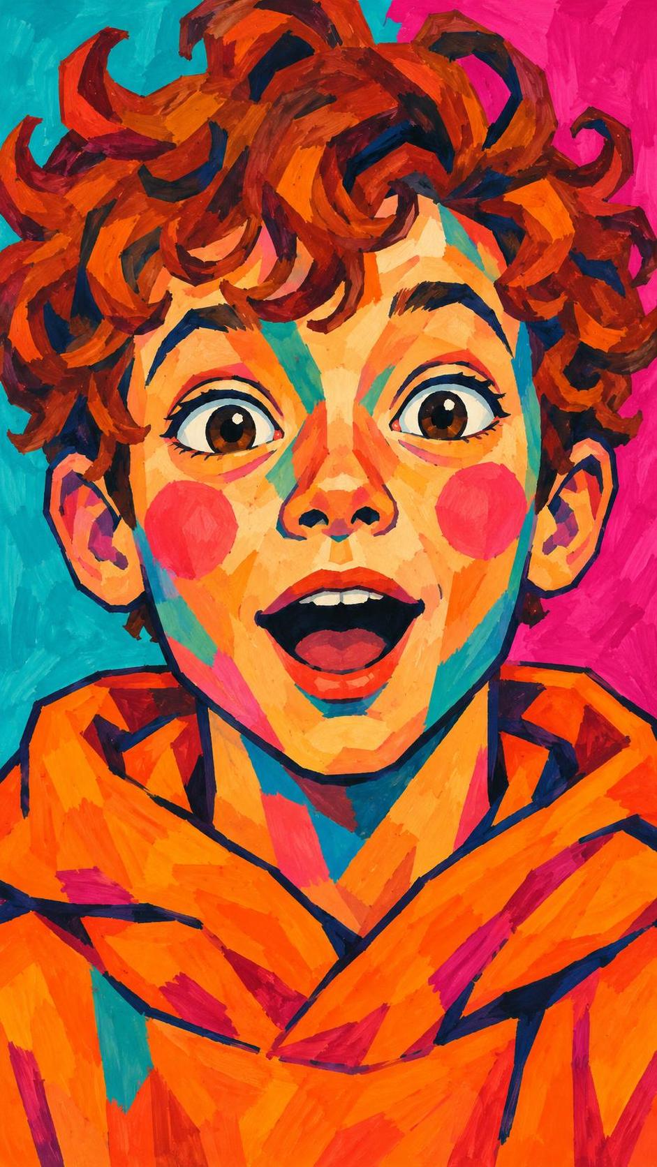 A bust portrait of a young boy with auburn curls and wide eyes, mouth open in surprise, in an orange hoodie on a turquoise and magenta ground.