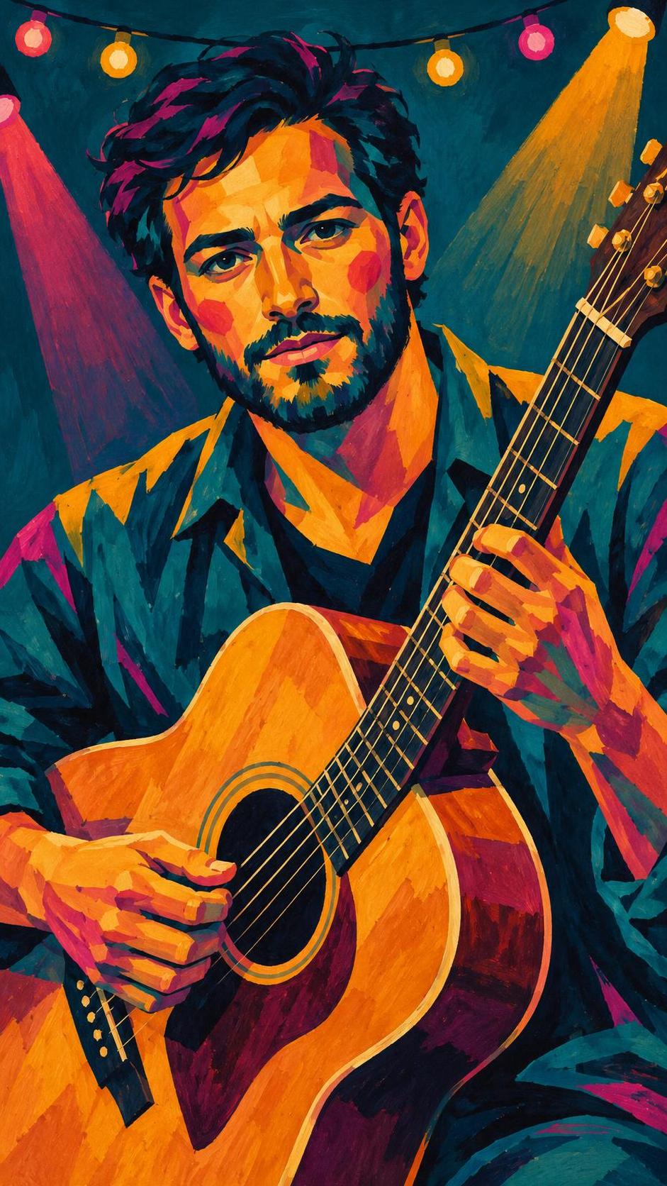 An adult man with a short beard plays an acoustic guitar with a focused expression on a small stage lit by colorful string lights and stage lights.