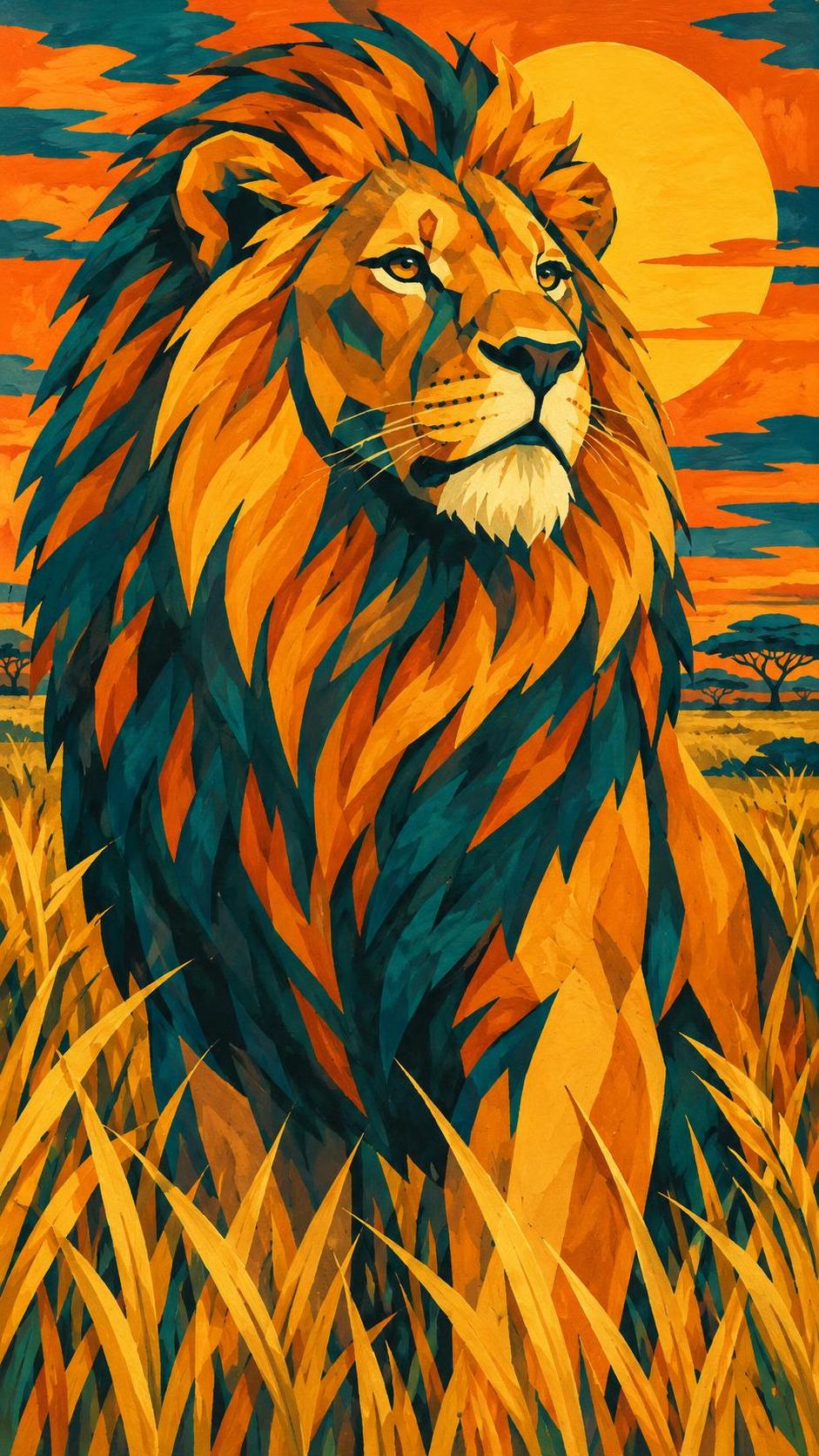 A male lion with a full thick mane stands in golden savanna grass and looks calmly into the distance with a warm sun low behind him.