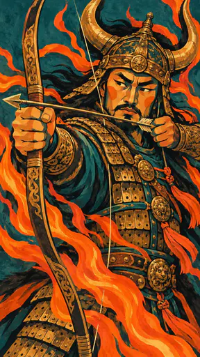 A bust portrait of a Mongolian archer in ornate lamellar armour with a horned helmet and a drawn composite bow in faceted planes and fiery flat colour.