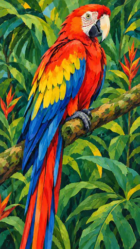 A vividly coloured scarlet macaw parrot perches on a branch with red, yellow and blue feathers, a curved beak and a bright eye with lush green jungle blurred behind.
