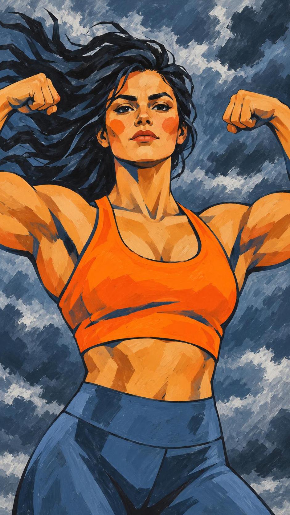 A determined adult woman in a sports top and leggings flexes her arm muscles outdoors against a moody grey stormy sky with wind in her hair.