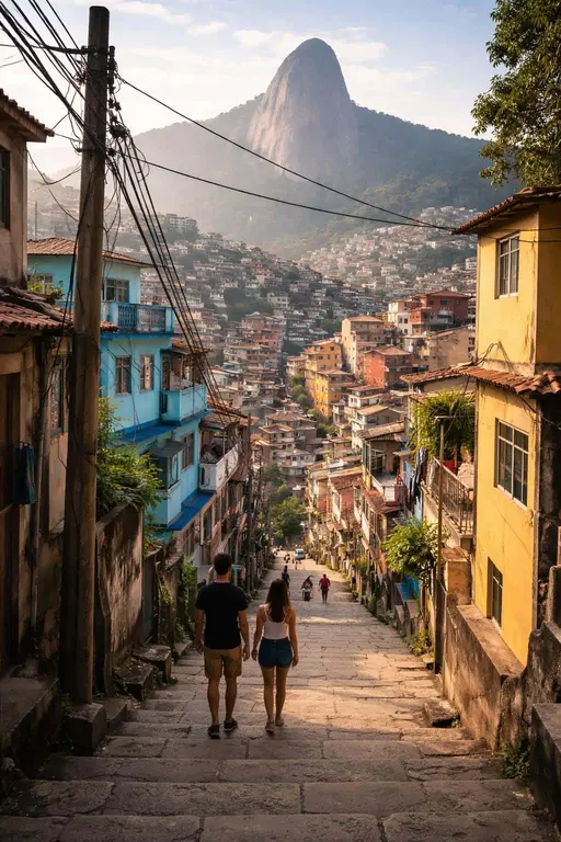 Vibrant favela street scene photographed in a documentary style with stacked colorful houses, cables and a distant granite peak, framed for a 2:3 poster-cover.