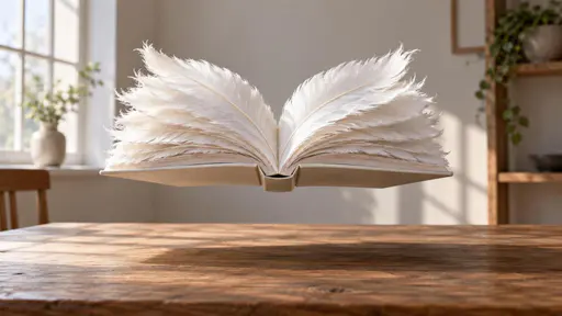 Light reading: a conceptual still-life of an open paperback floating in mid-air above a wooden table with a clear air gap beneath it, its entire page block made of delicate white feathers that spread like wings while the spine and plain cover stay solid, soft window light casting a faint shadow…