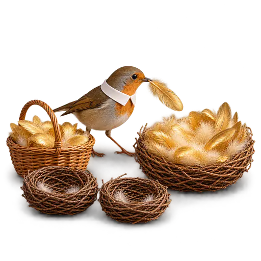 Feathering your own nest: a small collared bird carries a golden feather in its beak from a communal basket toward its own lavishly lined private nest, while two ordinary nests nearby stay sparsely lined, showing resources directed toward one's own benefit.