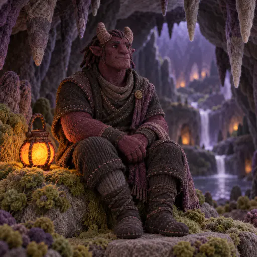 A stitched felt demon with plum skin, two little horns and bead eyes sits on a mossy felt rock in a violet felt cavern beside a glowing orange bead lantern.