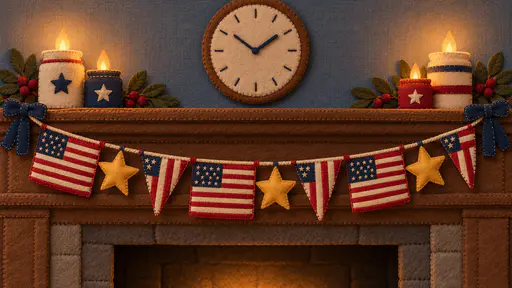 Felt garland of mini flags, stars and stripe pennants stitched across a mantel. Thirteen stripes and a neat canton come handmade.