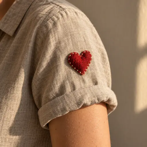 Heart on your sleeve: close side view of a person's shoulder and upper arm in a plain oatmeal linen rolled-sleeve shirt, a small three-dimensional red felt heart stitched directly to the outer upper sleeve, in warm window light against a plain wall.