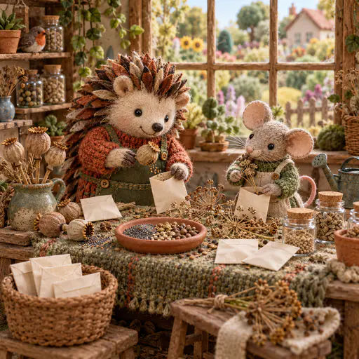 A fabric hedgehog and a felt mouse sort dried seed heads into small cotton envelopes at a knitted potting bench with tiny bead seeds and jars in a miniature textile diorama.