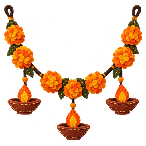 A hanging string of orange felt marigold flowers with three small felt diya lamps with orange flames, cut to its silhouette on a transparent background.