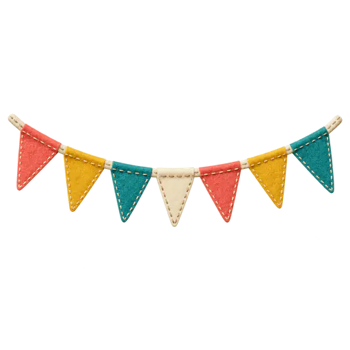 A drooping stitched cord with seven blank triangular felt pennants in coral, mustard, teal and cream, cut to its silhouette, on a transparent background.