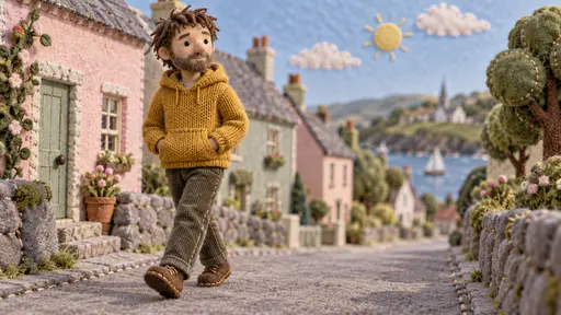 A fully clothed adult felt puppet in a plain mustard knitted hoodie walks along a miniature felt street past tiny felt houses with hands in the pocket in a stop motion textile diorama.