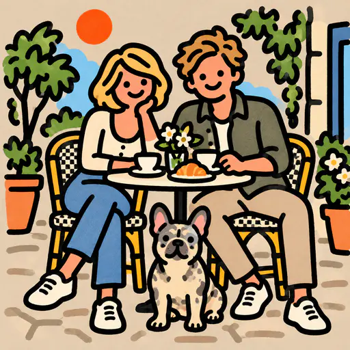 Bold black-marker doodle of a couple with coffee at a bistro table and a spotted French bulldog, with an orange sun and potted plants