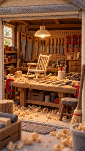 An open woodworker garage made of felt shows a workbench with a half built rocking chair, a pegboard of tools and curls of felt shavings under a warm hanging work lamp.