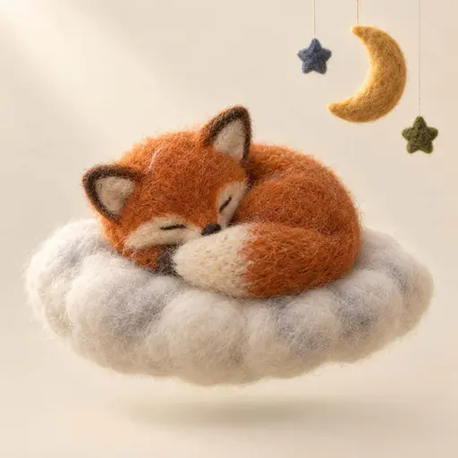 A tiny needle-felted fox with rust-orange wool sleeps curled on a small white wool cloud beneath a golden felt crescent moon and two miniature felt stars.