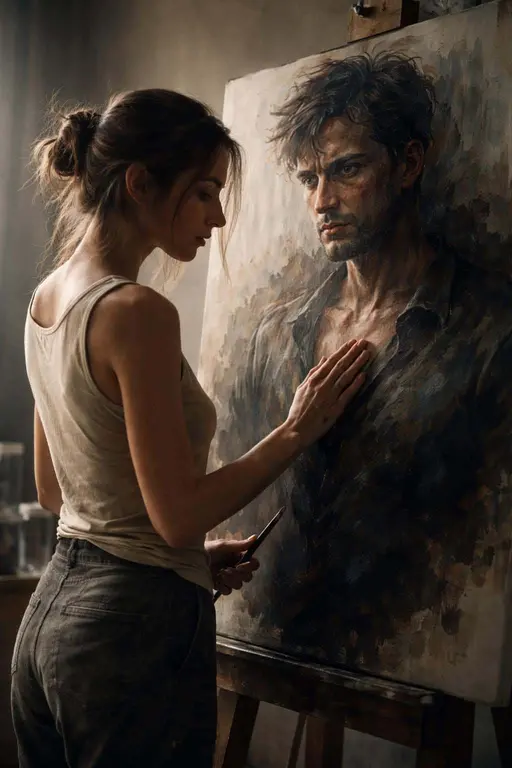 Photorealistic cinematic photo of a real female painter in a dimly lit studio, gently touching a hyper-realistic painted male portrait on a large canvas, intimate mood.