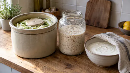 On a scrubbed wooden kitchen bench a glazed stoneware crock of brined pale cabbage with a weighted plate, a large glass jar of bubbling sourdough starter and a ceramic bowl of thick yoghurt covered with a clean linen cloth stand together in cool window light.