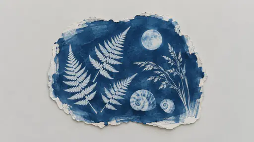Cyanotype slice of white fern fronds, shells, grasses, and a moon disc printed on deep Prussian blue, its chemistry bleeding at the edges on a pale warm-grey field.