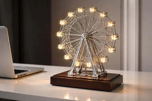 A realistic product photograph of a silver metal ferris wheel lamp with glowing warm LED lights, positioned on a wooden base atop a white desk surface.