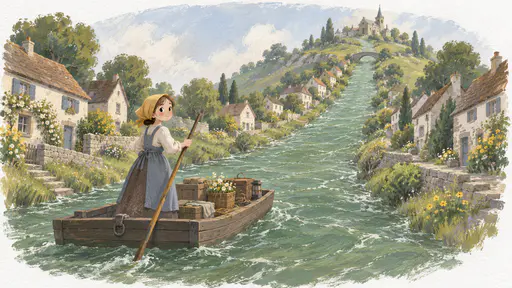 A ferrywoman in a yellow headscarf and blue apron stands at the stern of a flat wooden barge holding a long pole as it rides a broad green river flowing uphill between two rows of cottages in soft morning light.