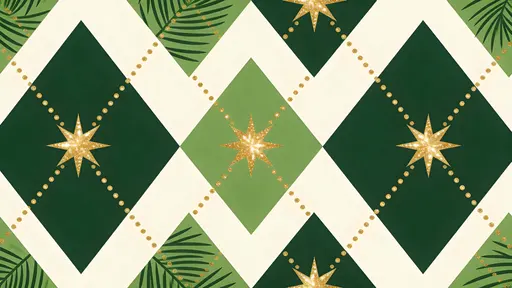 A seamless festive argyle pattern of rich evergreen and pine-green diamonds crossed by thin gold dotted diagonal lines with bright gold star accents at intersections, flat vector 16:9 tile.