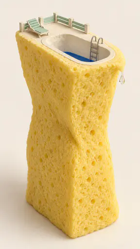 A fiber clay backyard pool holding only a thin line of blue water, with a ladder and a lounge chair, sits on a squeezed dry yellow kitchen sponge with one drop falling.