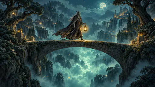 A fictional demon with teal grey skin and small curved horns in a long cloak carries a lantern across a narrow arched stone bridge over a glowing teal misty chasm.