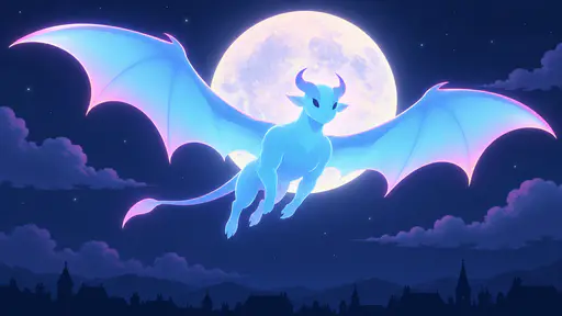 A fictional demon with a rounded silhouette and small horns glides on large rose and violet edged wings before a big pale moon above distant dark rooftops in glowing nocturne colours.