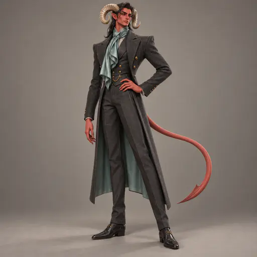 A fictional adult coded demon with coral red skin and large ridged ram style horns stands in a tailored charcoal wool coat with brass buttons and a teal silk scarf.