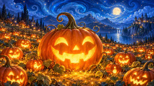 A field of glowing jack-o'-lanterns with a large one in the middle.