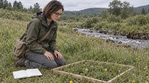 A slim woman with a sleek dark bob and round tortoiseshell glasses in a waterproof olive jacket kneels on meadow grass with her hands on her thighs beside a square wooden quadrat frame laid over the plants and a blank notebook open on the grass in soft midday light.