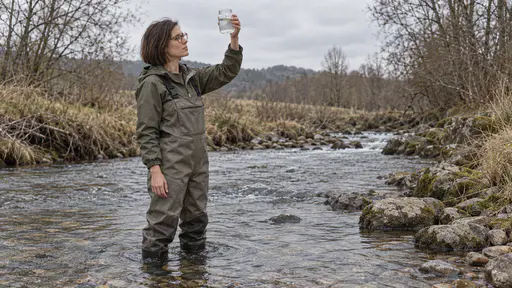 A slim woman with a sleek dark bob and round tortoiseshell glasses in waders and a waterproof olive jacket stands ankle-deep in a clear shallow stream holding a glass sample jar of water up against a grey sky with a thoughtful look while the water ripples around her boots.