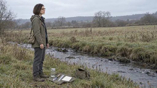 A slim woman with a sleek dark bob and round tortoiseshell glasses in a waterproof olive jacket stands beside a narrow meadow stream with an open canvas satchel on the grass and a glass jar, a small trowel, a ruler and a blank notebook laid on a folded cloth in front of her on a cool grey morning.