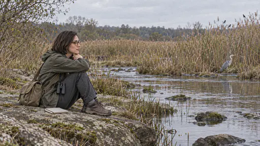 A slim woman with a sleek dark bob and round tortoiseshell glasses in a waterproof olive jacket sits on a flat rock beside a stream with her chin on her knees and binoculars at her neck watching a heron standing in the shallows and small birds on the reeds in soft late-afternoon light.