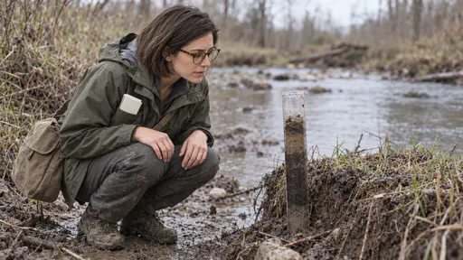 A slim woman with a sleek dark bob and round tortoiseshell glasses in a waterproof olive jacket crouches at the muddy bank of a meadow stream with her hands resting on her knees studying the dark soil layers showing through a small clear plastic corer pushed into the bank in soft overcast light.