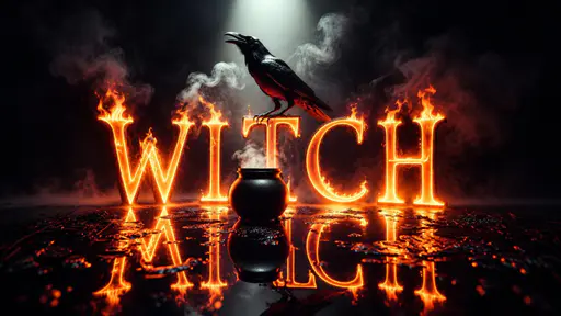 Fiery serif letters spell WITCH behind a small smoking black cauldron, with a black raven perched on the T beneath a pale spotlight and reflections on wet ground.